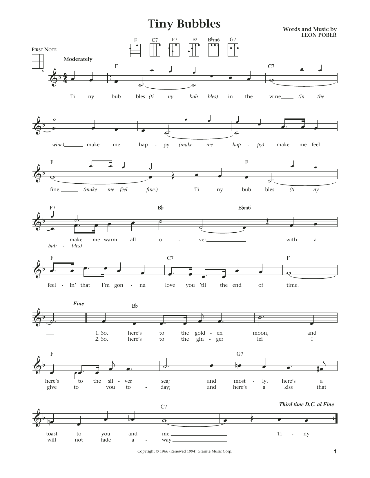 Download Leon Pober Tiny Bubbles Sheet Music and learn how to play Ukulele PDF digital score in minutes