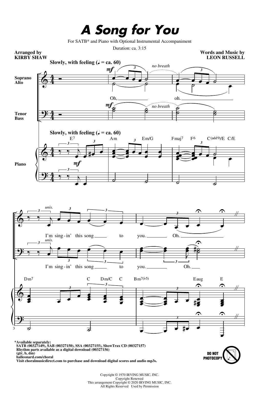 Download Leon Russell A Song For You (arr. Kirby Shaw) Sheet Music and learn how to play SATB Choir PDF digital score in minutes
