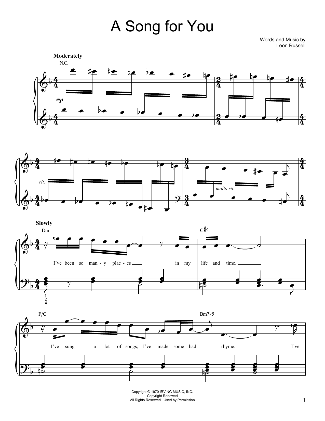 Download Leon Russell A Song For You Sheet Music and learn how to play Easy Piano PDF digital score in minutes