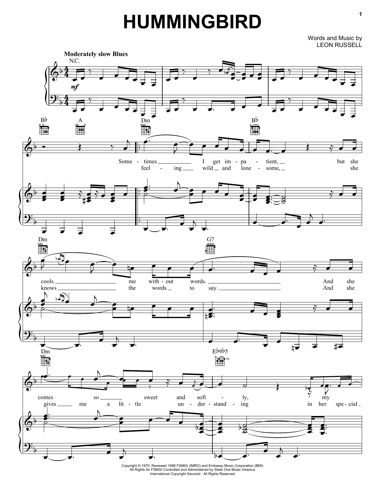 Download Leon Russell Hummingbird Sheet Music and learn how to play Piano, Vocal & Guitar (Right-Hand Melody) PDF digital score in minutes