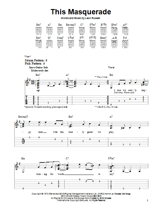 Download Leon Russell This Masquerade Sheet Music and learn how to play Easy Guitar Tab PDF digital score in minutes