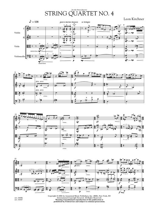 Download Leon Kirchner String Quartet No. 4 Sheet Music and learn how to play Chamber Group PDF digital score in minutes