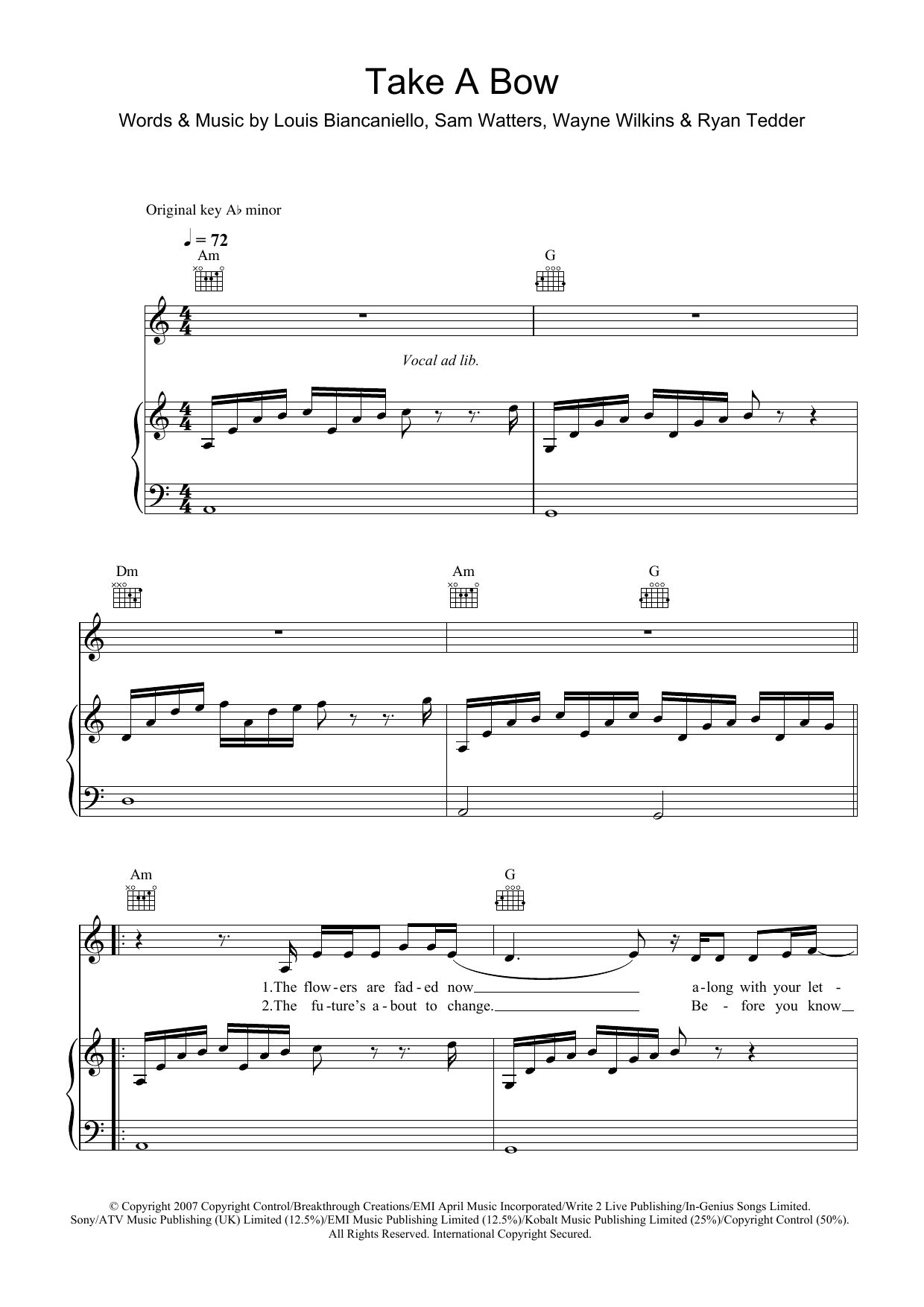 Download Leona Lewis Take A Bow Sheet Music and learn how to play Piano, Vocal & Guitar (Right-Hand Melody) PDF digital score in minutes