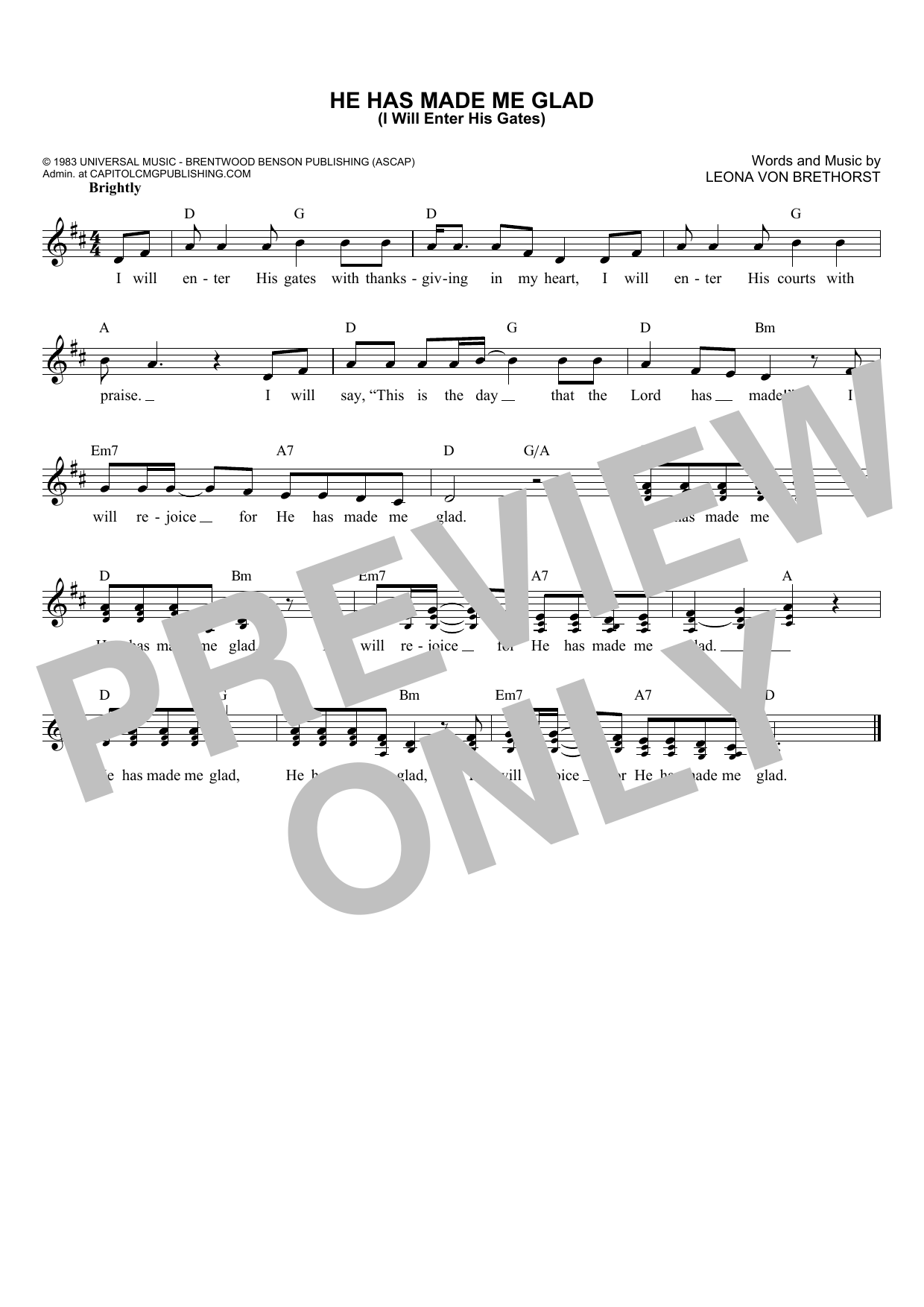 Download Leona Von Brethorst He Has Made Me Glad (I Will Enter His Gates) Sheet Music and learn how to play Melody Line, Lyrics & Chords PDF digital score in minutes
