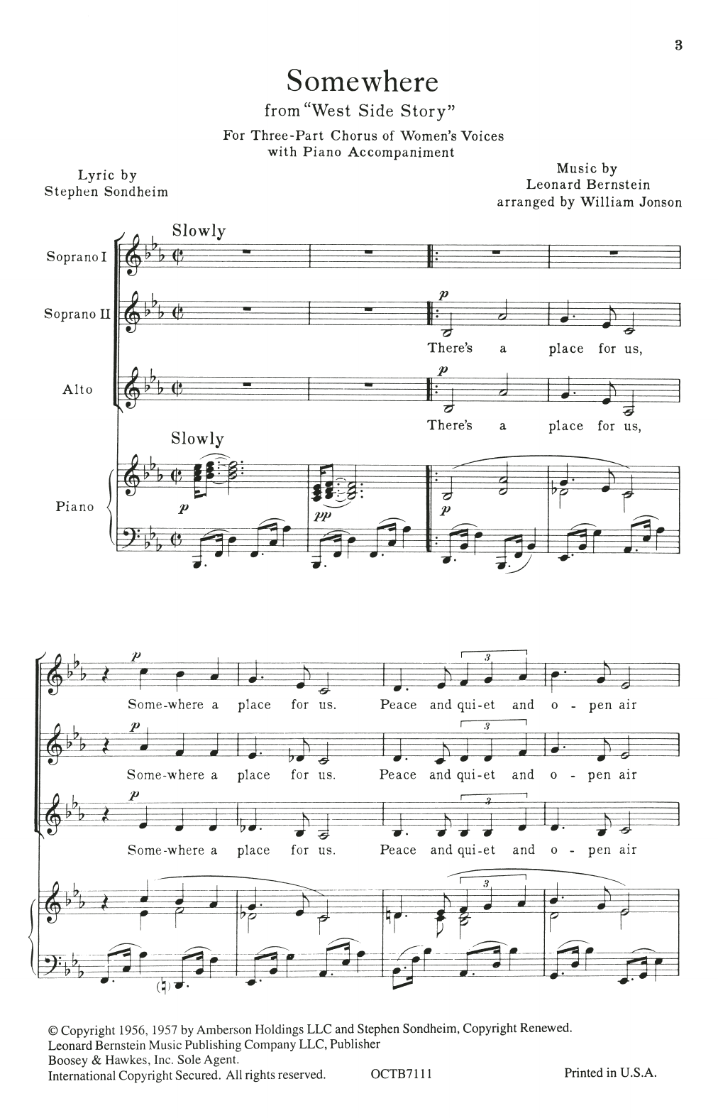 Download Leonard Bernstein & Stephen Sondheim Somewhere (from West Side Story) (arr. William Jonson) Sheet Music and learn how to play SSA Choir PDF digital score in minutes