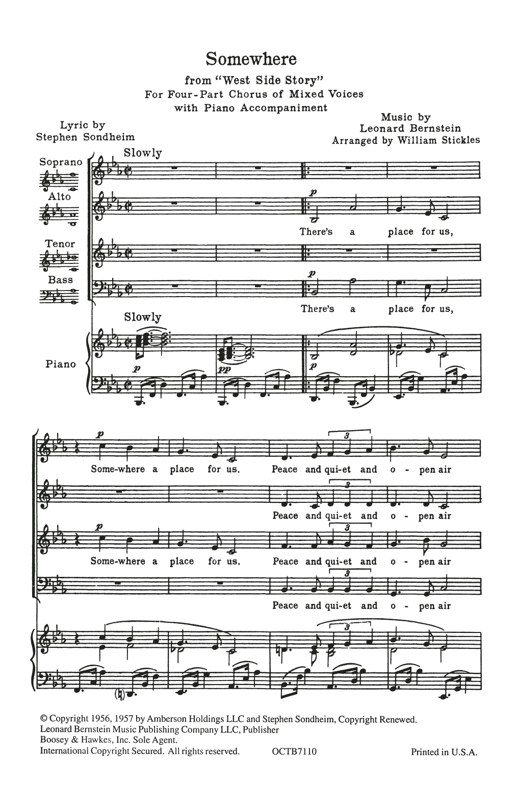 Download Leonard Bernstein & Stephen Sondheim Somewhere (from West Side Story) (arr. William Stickles) Sheet Music and learn how to play SATB Choir PDF digital score in minutes