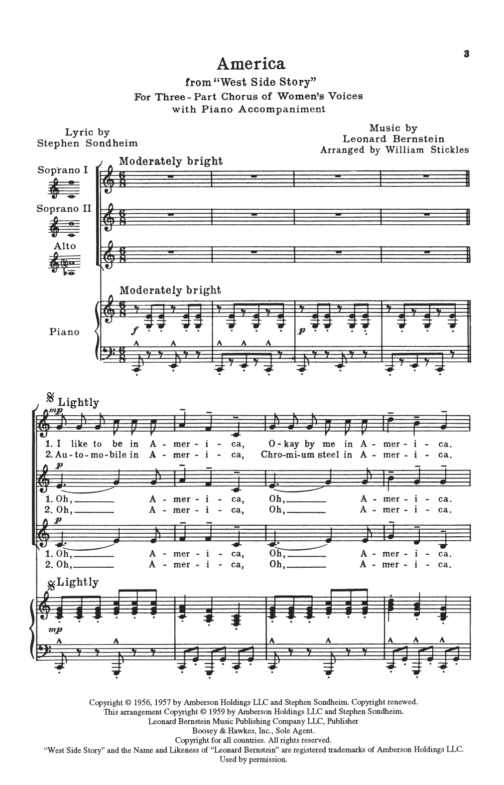 Download Leonard Bernstein America (from West Side Story) (arr. William Stickles) Sheet Music and learn how to play SSA Choir PDF digital score in minutes