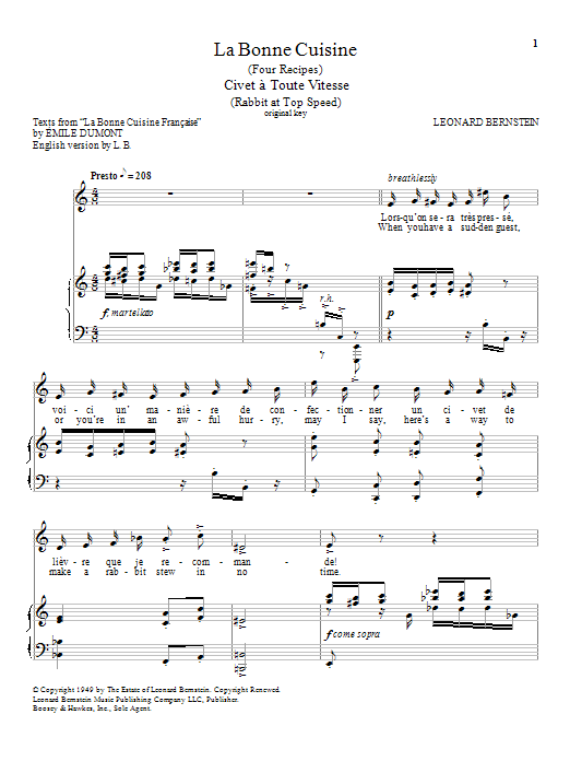 Download Leonard Bernstein Civet A Toute Vitesse (Rabbit At Top Speed) Sheet Music and learn how to play Piano & Vocal PDF digital score in minutes