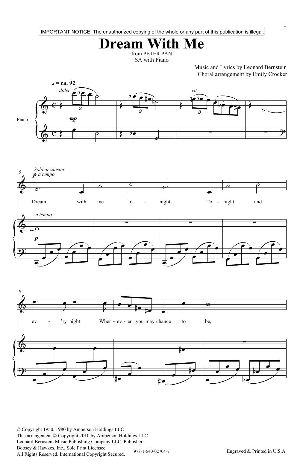 Download Leonard Bernstein Dream With Me (from Peter Pan Suite) (arr. Emily Crocker) Sheet Music and learn how to play Choir PDF digital score in minutes