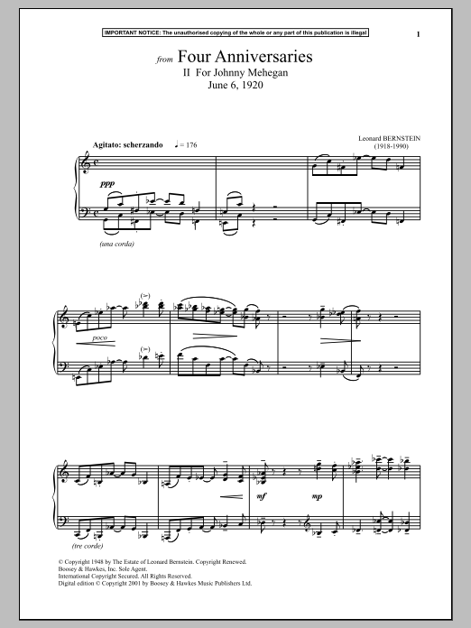 Download Leonard Bernstein Four Anniversaries, II. For Johnny Mehegan, June 6, 1920 Sheet Music and learn how to play Piano PDF digital score in minutes