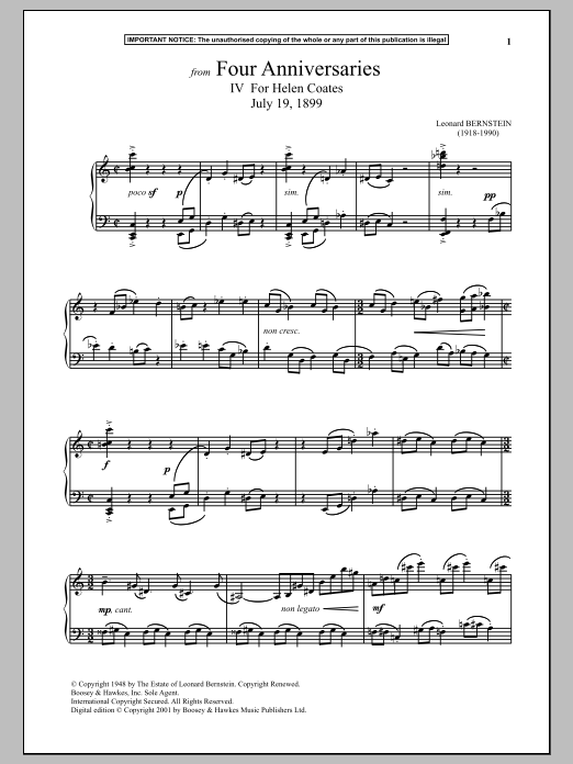 Download Leonard Bernstein Four Anniversaries, IV. For Helen Coates, July 19, 1899 Sheet Music and learn how to play Piano PDF digital score in minutes