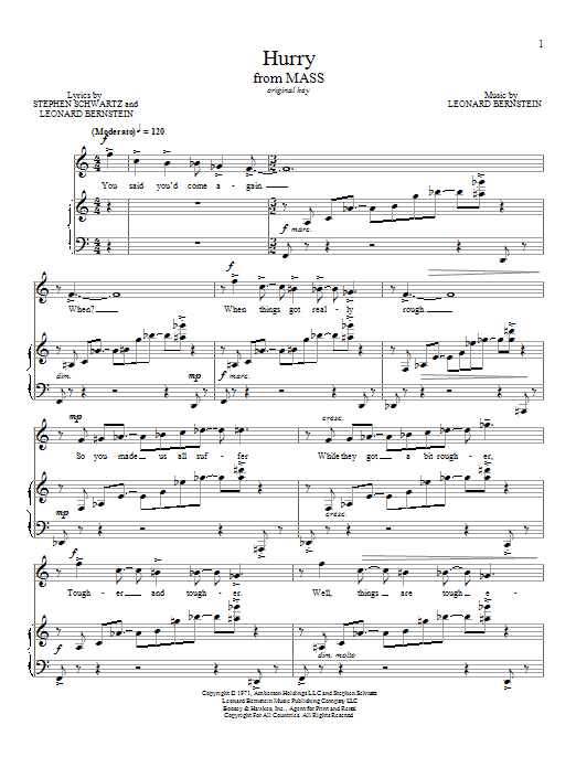 Download Leonard Bernstein Hurry Sheet Music and learn how to play Piano & Vocal PDF digital score in minutes