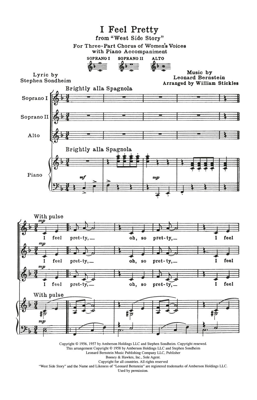 Download Leonard Bernstein I Feel Pretty (from West Side Story) (arr. William Stickles) Sheet Music and learn how to play SSA Choir PDF digital score in minutes