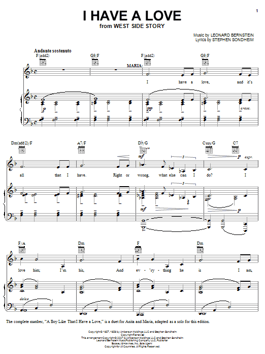 Download Leonard Bernstein I Have A Love Sheet Music and learn how to play Piano, Vocal & Guitar (Right-Hand Melody) PDF digital score in minutes