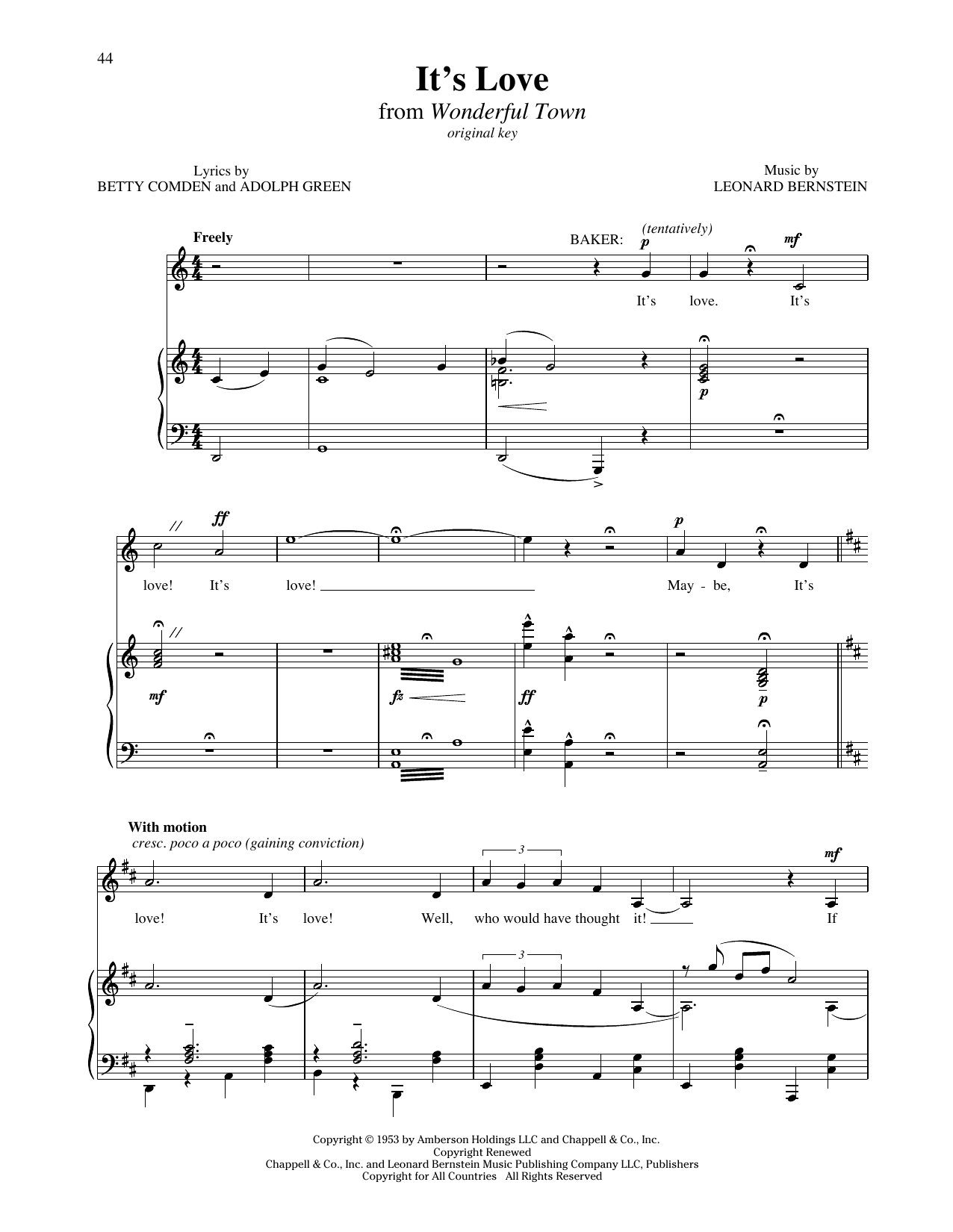 Download Leonard Bernstein It's Love (from Wonderful Town) Sheet Music and learn how to play Piano & Vocal PDF digital score in minutes