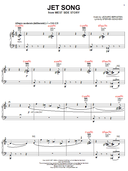 Download Leonard Bernstein Jet Song Sheet Music and learn how to play Piano, Vocal & Guitar (Right-Hand Melody) PDF digital score in minutes