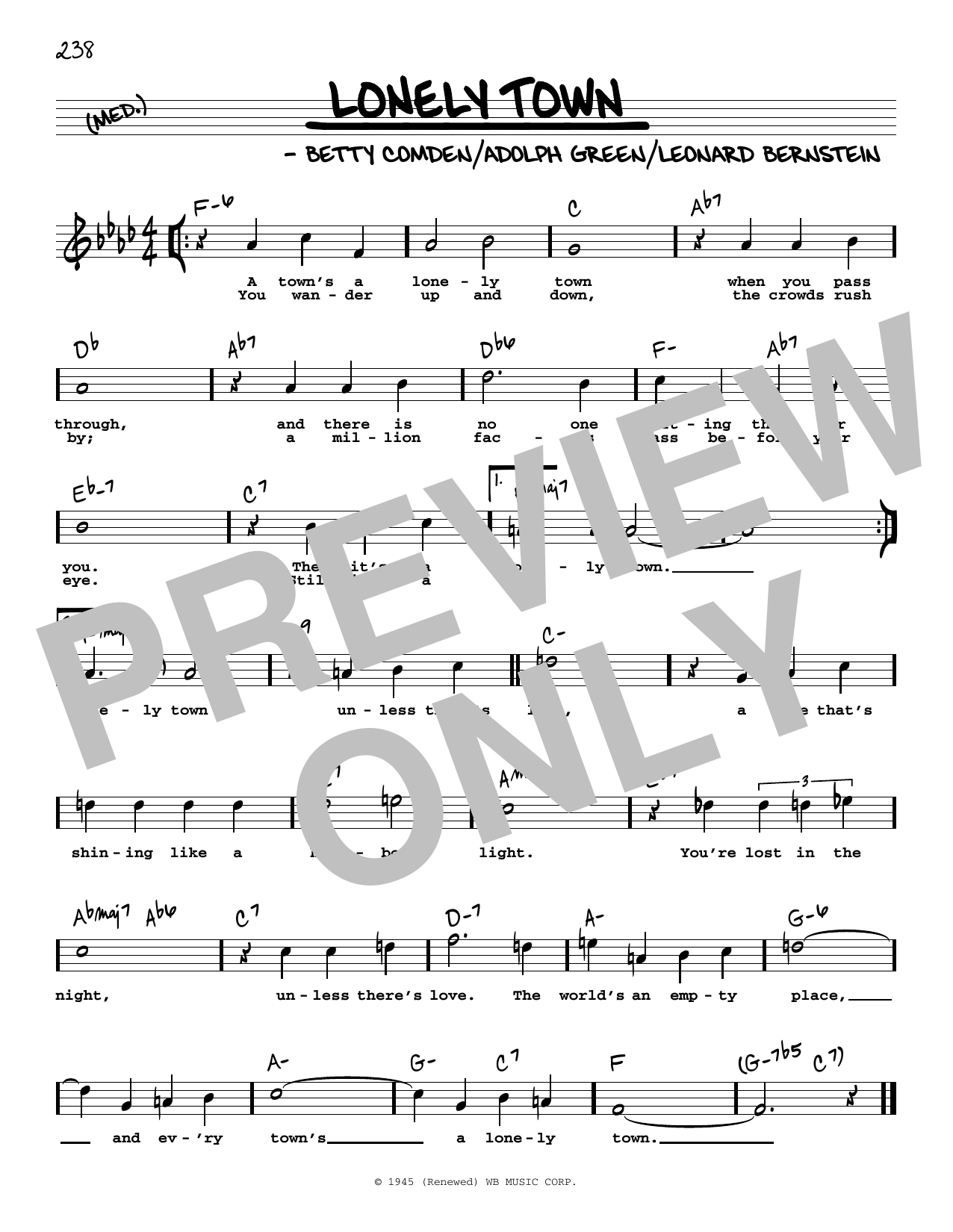 Download Leonard Bernstein Lonely Town (High Voice) (from On The Town) Sheet Music and learn how to play Real Book – Melody, Lyrics & Chords PDF digital score in minutes