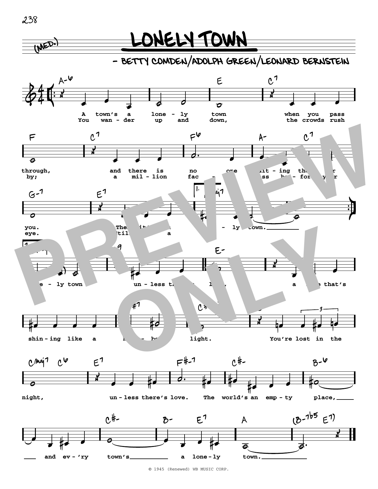 Download Leonard Bernstein Lonely Town (Low Voice) Sheet Music and learn how to play Real Book – Melody, Lyrics & Chords PDF digital score in minutes