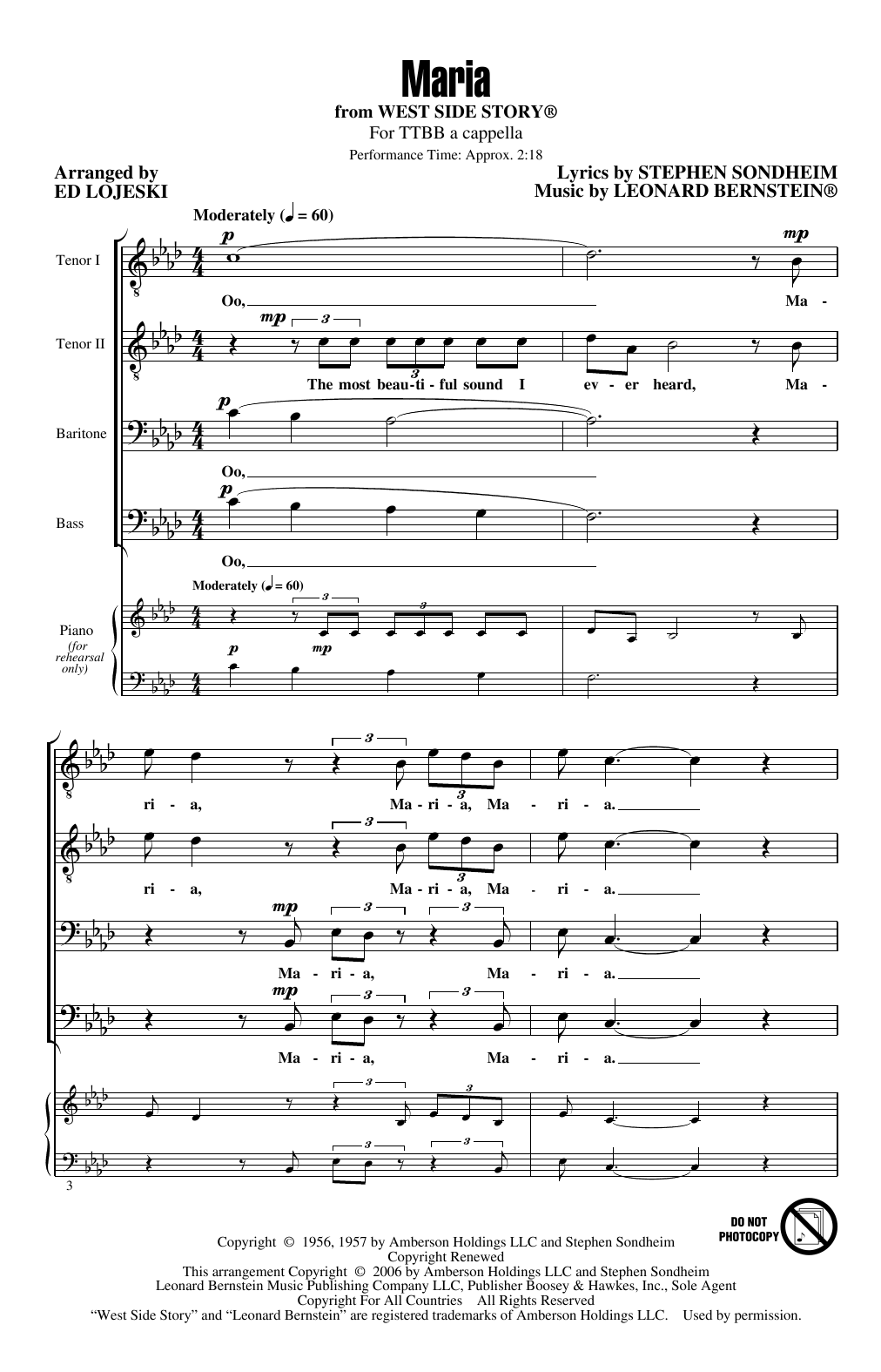 Download Leonard Bernstein Maria (from West Side Story) (arr. Ed Lojeski) Sheet Music and learn how to play TTBB Choir PDF digital score in minutes