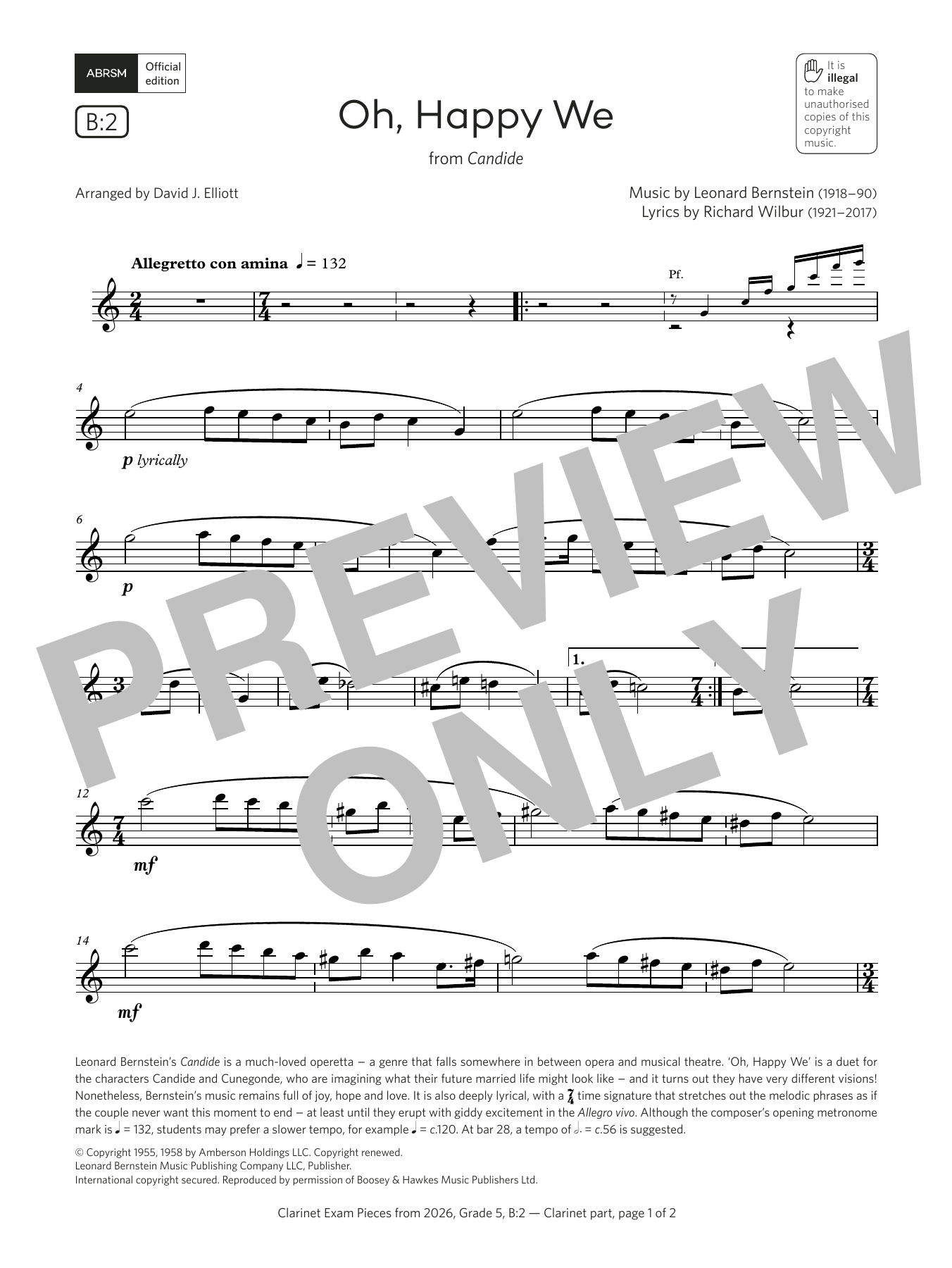 Download Leonard Bernstein Oh, Happy We (Grade 5, list B2, from the ABRSM Clarinet Syllabus from 2026) Sheet Music and learn how to play Clarinet Solo PDF digital score in minutes