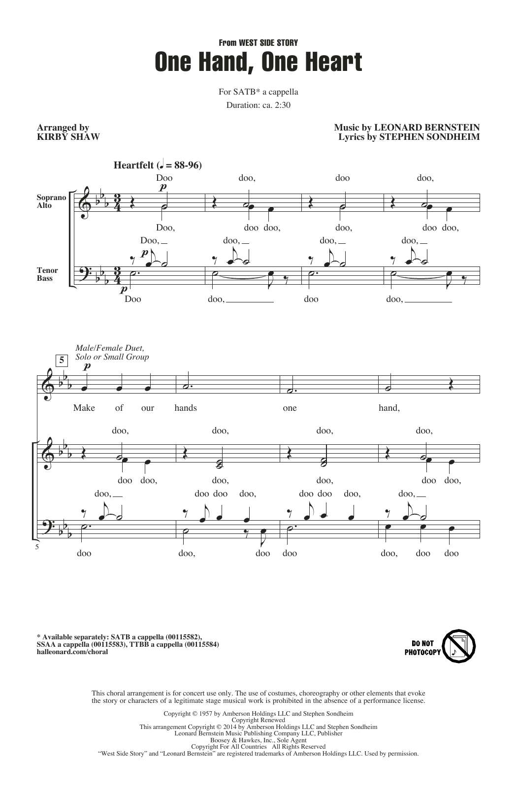 Download Leonard Bernstein One Hand, One Heart (from West Side Story) (arr. Kirby Shaw) Sheet Music and learn how to play SSAA Choir PDF digital score in minutes