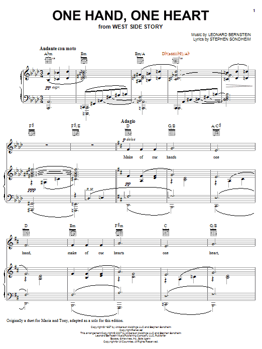 Download Leonard Bernstein One Hand, One Heart Sheet Music and learn how to play Piano, Vocal & Guitar (Right-Hand Melody) PDF digital score in minutes