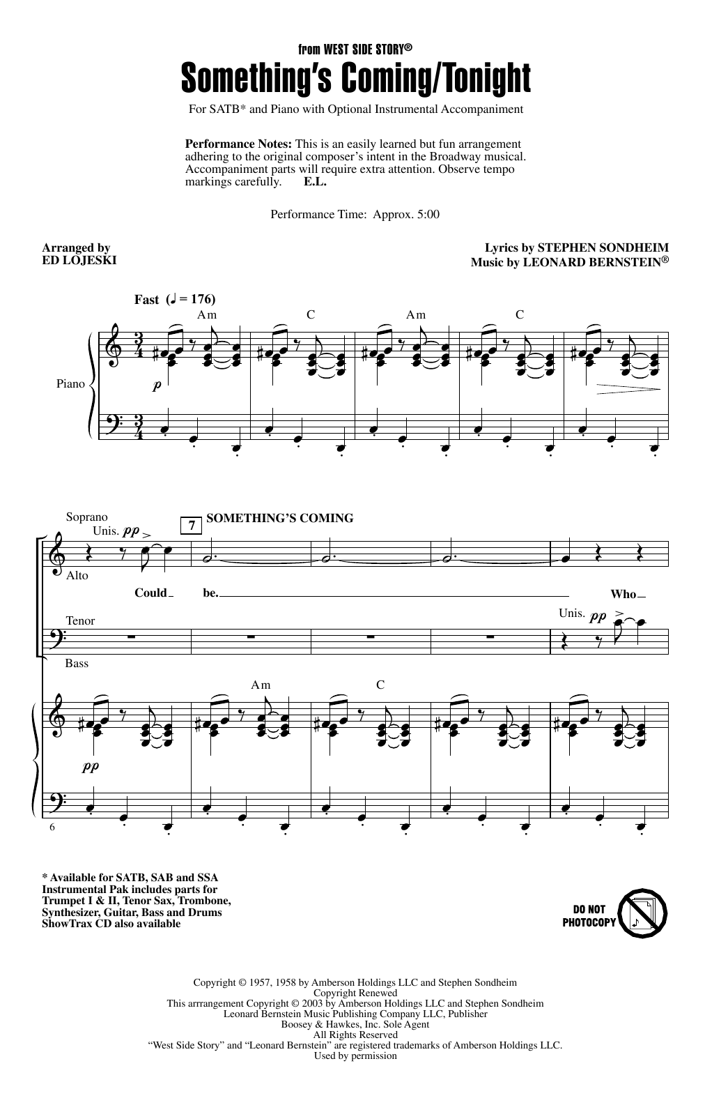 Download Leonard Bernstein Something's Coming/Tonight (from West Side Story) (arr. Ed Lojeski) Sheet Music and learn how to play SAB Choir PDF digital score in minutes