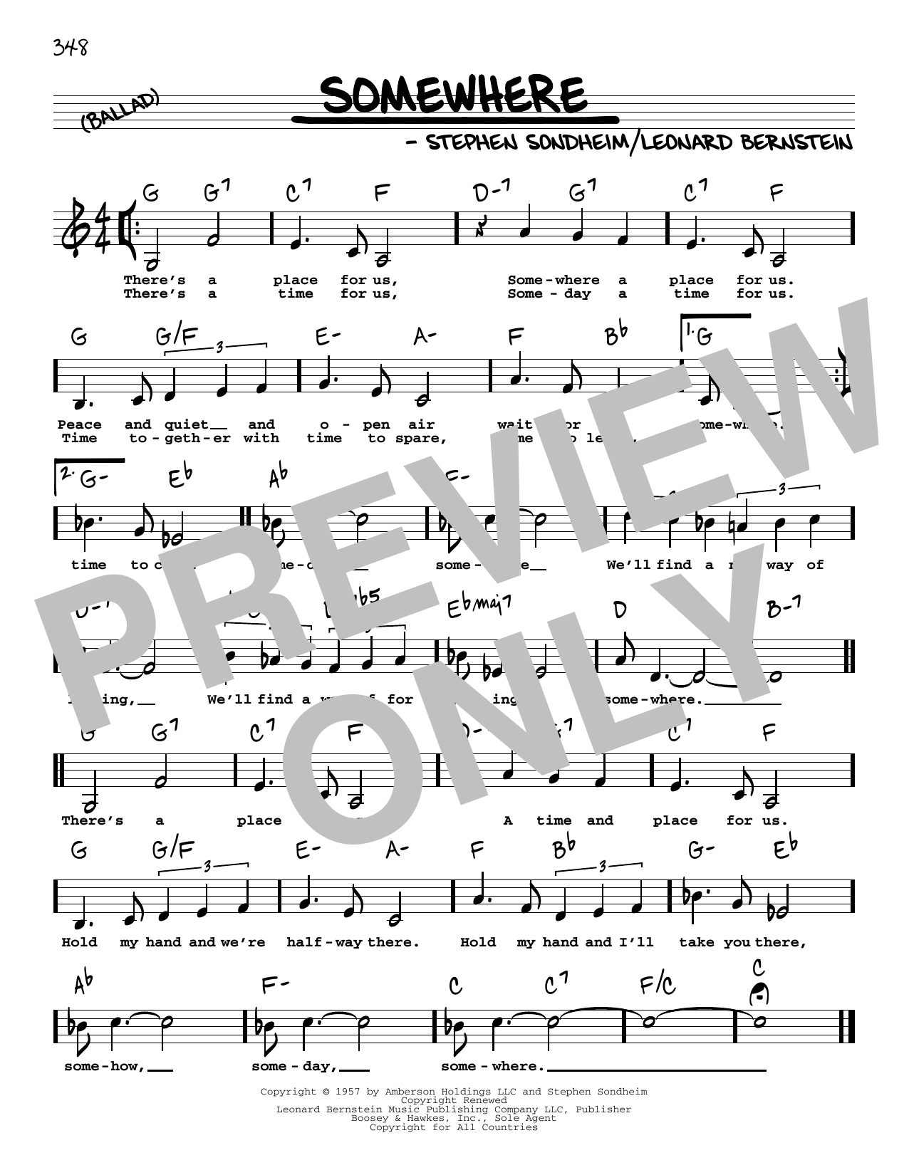 Download Leonard Bernstein Somewhere (from West Side Story) (Low Voice) Sheet Music and learn how to play Real Book – Melody, Lyrics & Chords PDF digital score in minutes