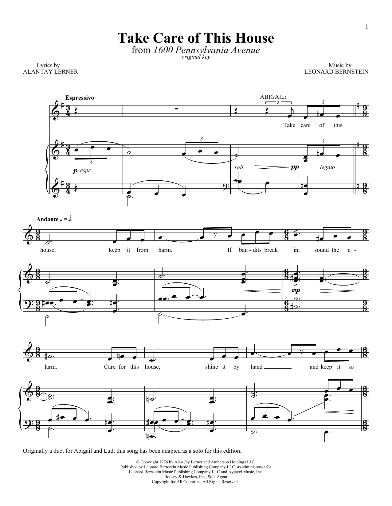 Download Leonard Bernstein Take Care Of This House Sheet Music and learn how to play Piano PDF digital score in minutes