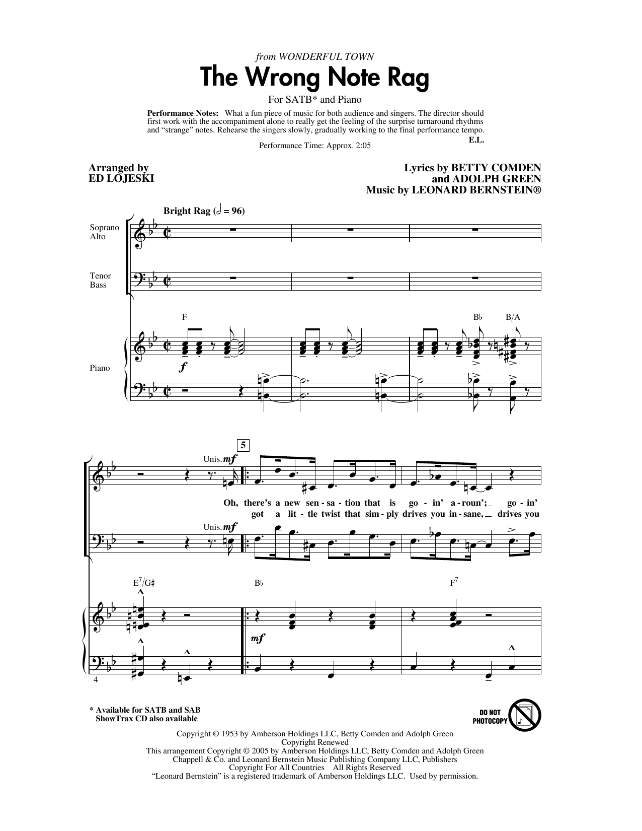 Download Leonard Bernstein The Wrong Note Rag (from Wonderful Town) (arr. Ed Lojeski) Sheet Music and learn how to play SAB Choir PDF digital score in minutes