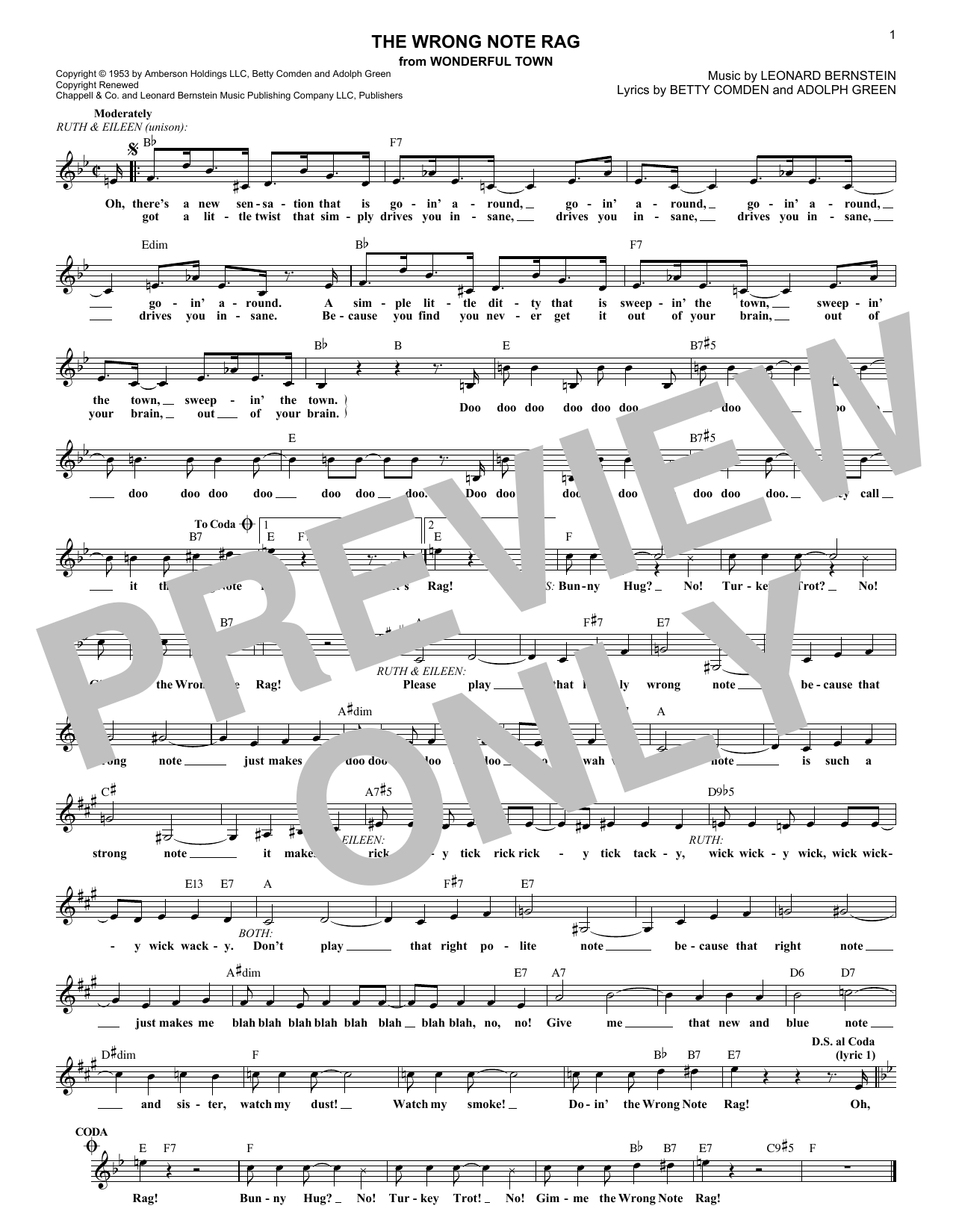 Download Leonard Bernstein The Wrong Note Rag (from Wonderful Town) Sheet Music and learn how to play Lead Sheet / Fake Book PDF digital score in minutes