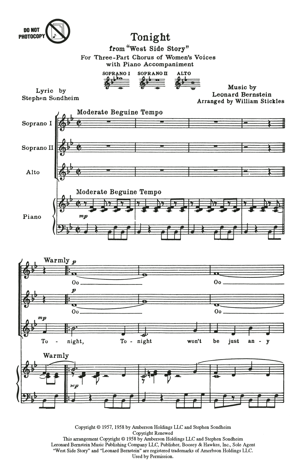 Download Leonard Bernstein Tonight (from West Side Story) (arr. William Stickles) Sheet Music and learn how to play SATB Choir PDF digital score in minutes