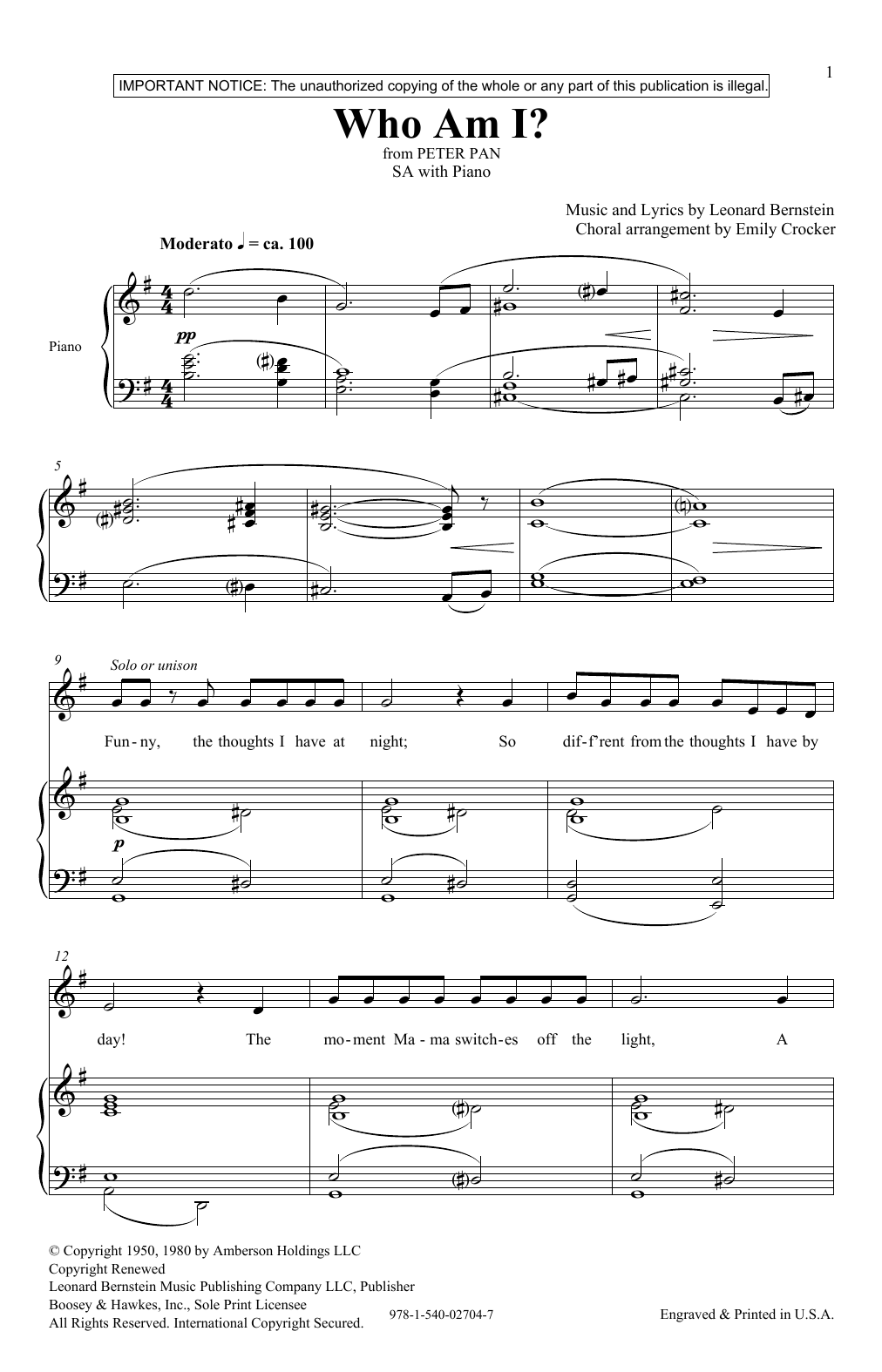 Download Leonard Bernstein Who Am I? (from Peter Pan Suite) (arr. Emily Crocker) Sheet Music and learn how to play Choir PDF digital score in minutes