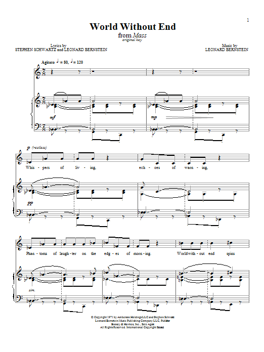 Download Leonard Bernstein World Without End Sheet Music and learn how to play Piano, Vocal & Guitar (Right-Hand Melody) PDF digital score in minutes