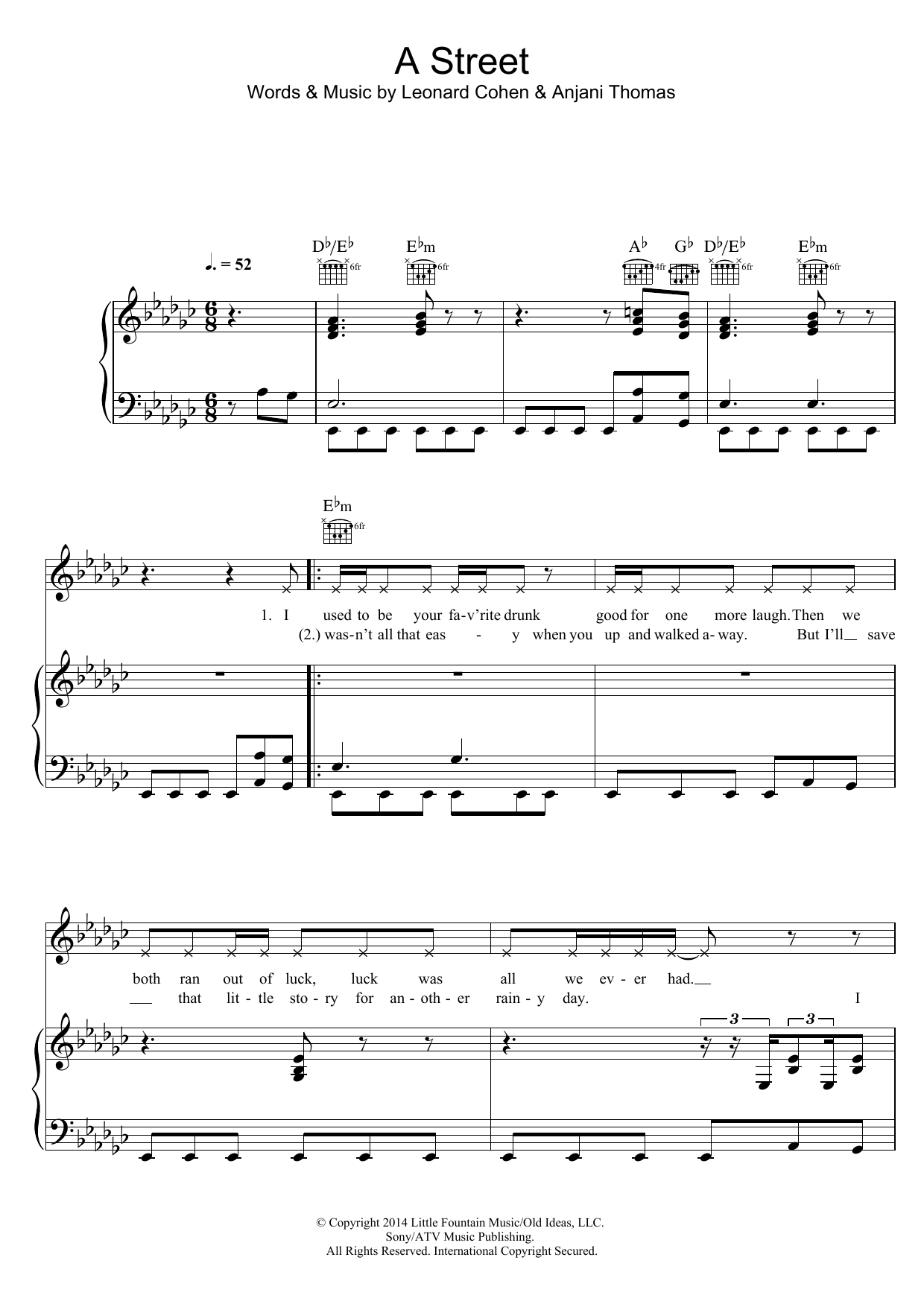 Download Leonard Cohen A Street Sheet Music and learn how to play Piano, Vocal & Guitar (Right-Hand Melody) PDF digital score in minutes