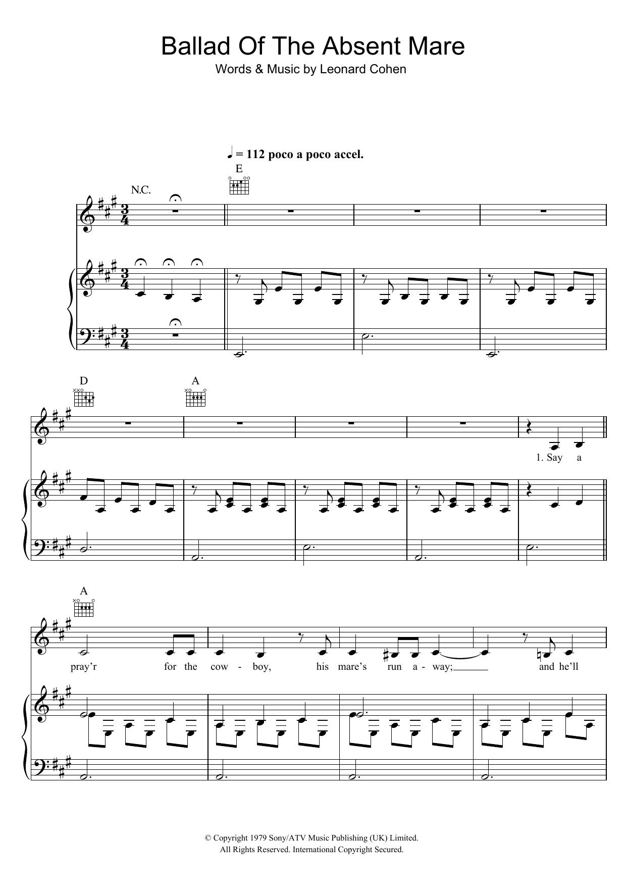 Download Leonard Cohen Ballad Of The Absent Mare Sheet Music and learn how to play Lyrics & Chords PDF digital score in minutes
