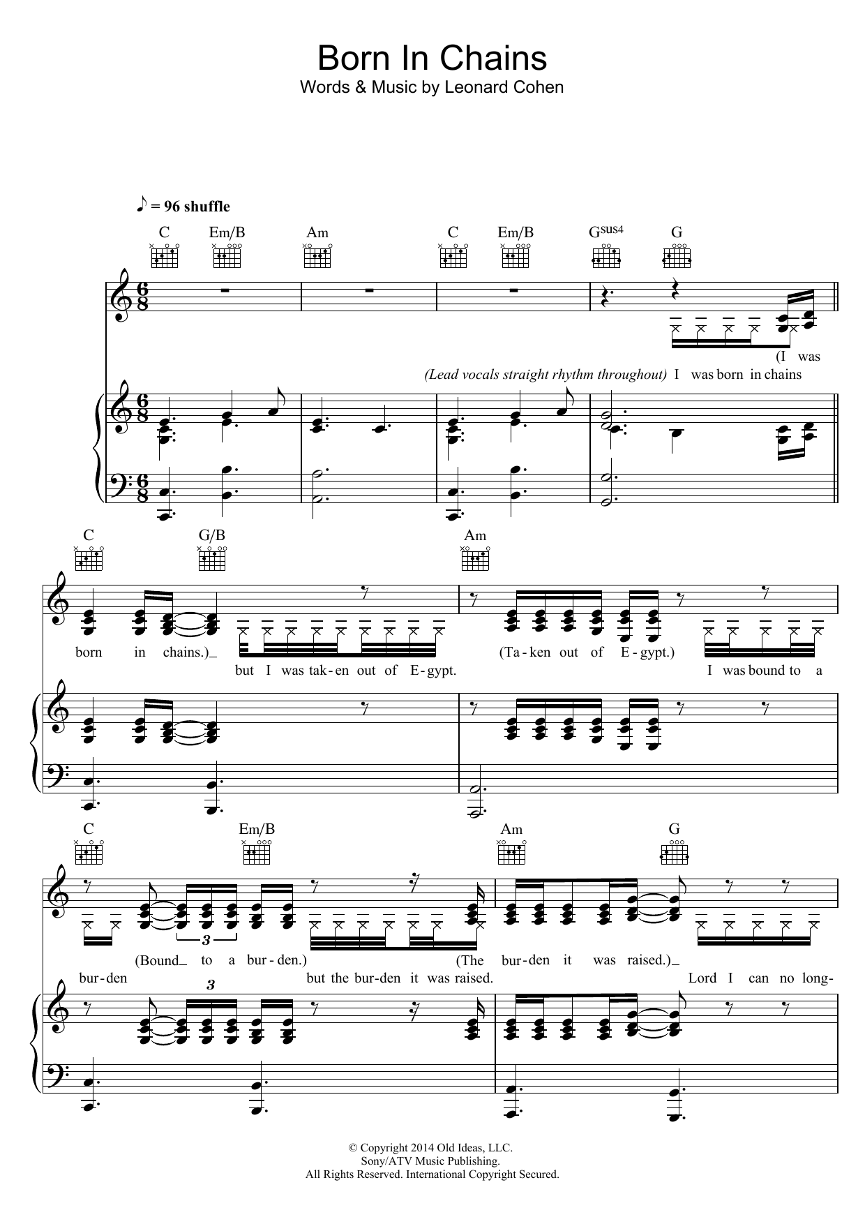 Download Leonard Cohen Born In Chains Sheet Music and learn how to play Piano, Vocal & Guitar (Right-Hand Melody) PDF digital score in minutes