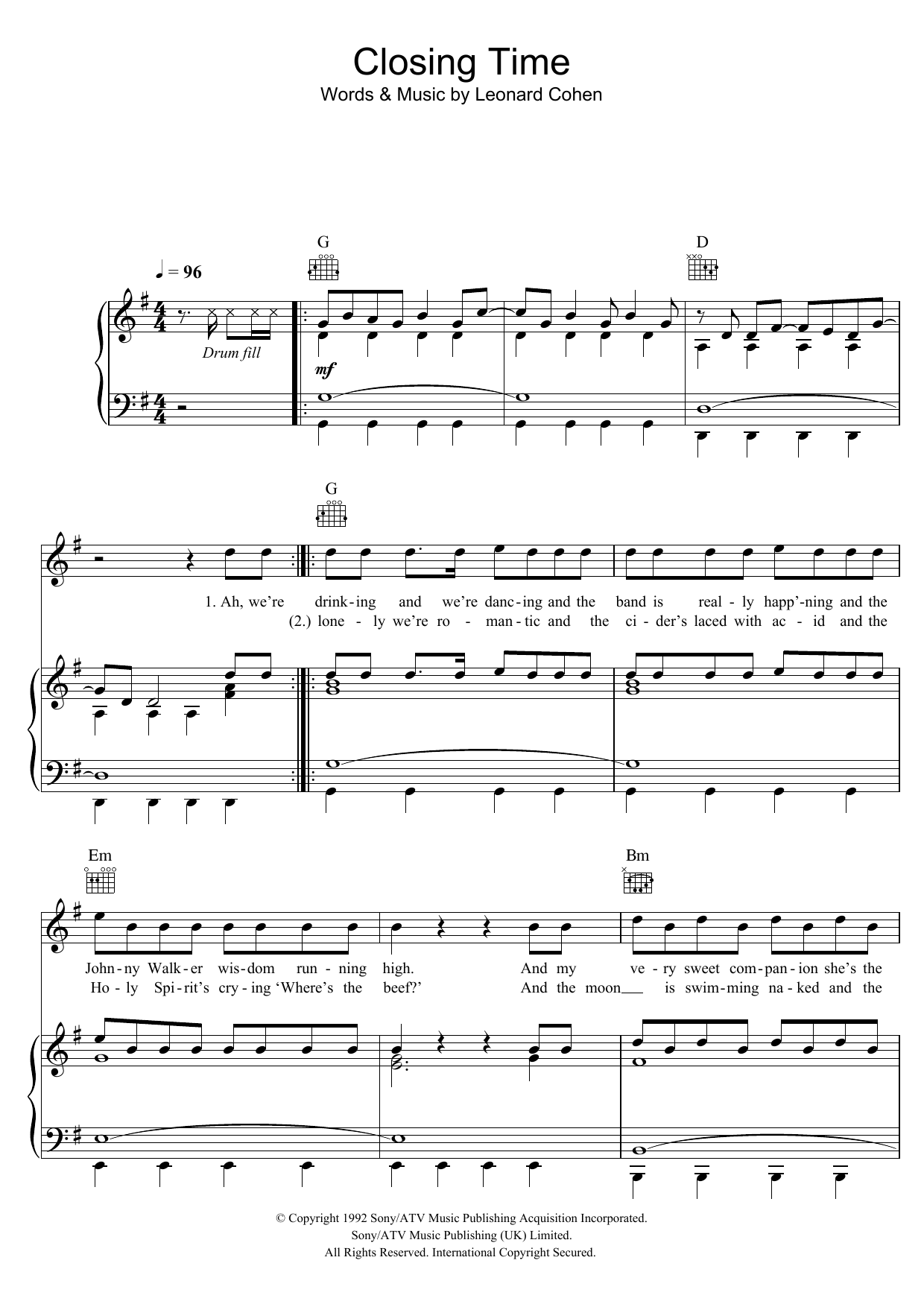 Download Leonard Cohen Closing Time Sheet Music and learn how to play Piano, Vocal & Guitar (Right-Hand Melody) PDF digital score in minutes