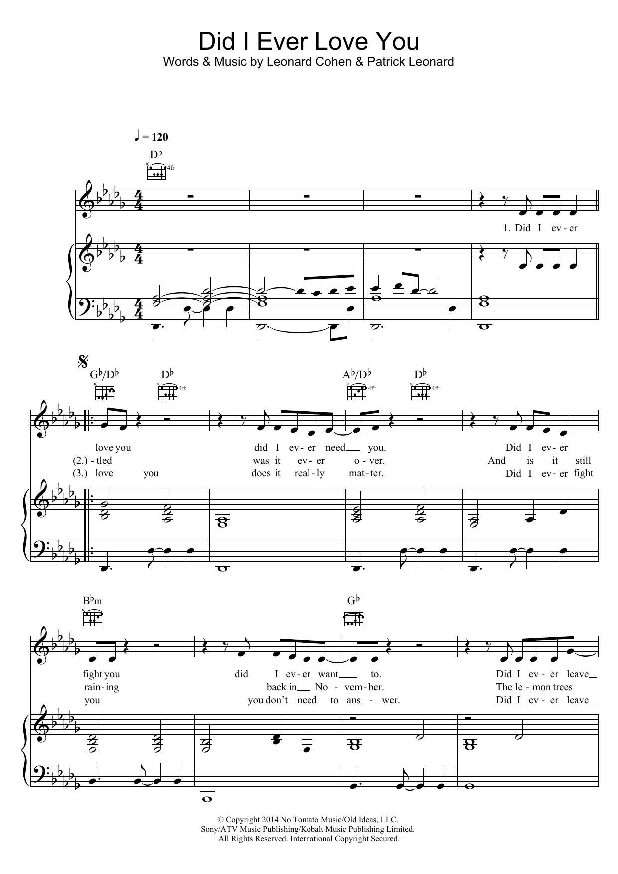 Download Leonard Cohen Did I Ever Love You Sheet Music and learn how to play Piano, Vocal & Guitar (Right-Hand Melody) PDF digital score in minutes