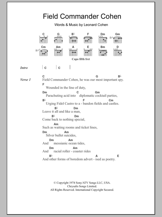 Download Leonard Cohen Field Commander Cohen Sheet Music and learn how to play Lyrics & Chords PDF digital score in minutes