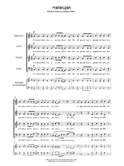 Download Leonard Cohen Hallelujah (SATB A capella) Sheet Music and learn how to play SATB PDF digital score in minutes