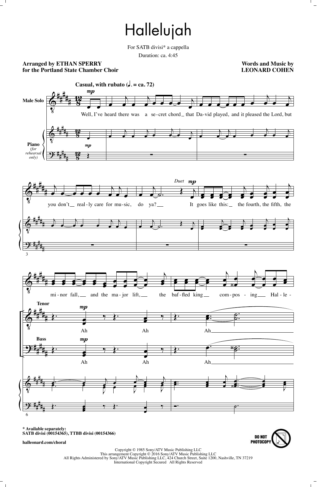 Download Ethan Sperry Hallelujah Sheet Music and learn how to play TTBB PDF digital score in minutes