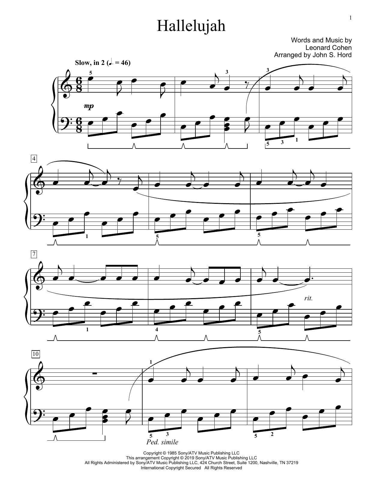 Download Leonard Cohen Hallelujah (arr. John S. Hord) Sheet Music and learn how to play Educational Piano PDF digital score in minutes