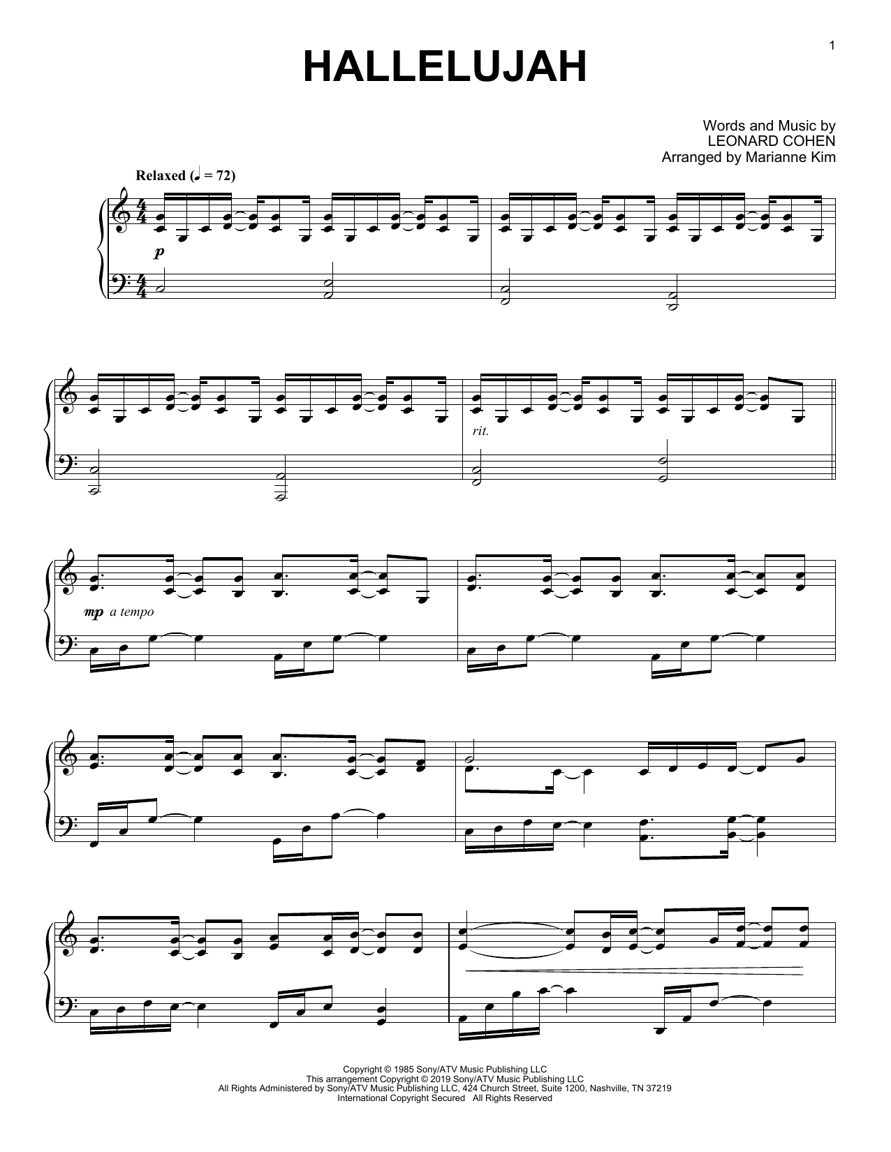 Download Leonard Cohen Hallelujah (arr. Marianne Kim) Sheet Music and learn how to play Piano Solo PDF digital score in minutes