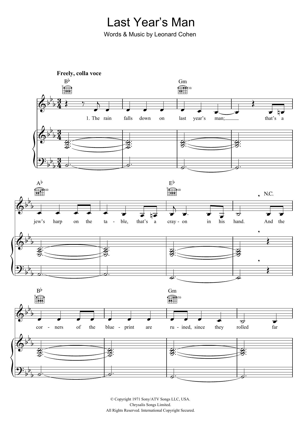 Download Leonard Cohen Last Year's Man Sheet Music and learn how to play Piano, Vocal & Guitar PDF digital score in minutes