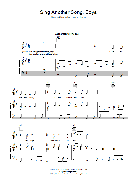 Download Leonard Cohen Sing Another Song, Boys Sheet Music and learn how to play Piano, Vocal & Guitar (Right-Hand Melody) PDF digital score in minutes