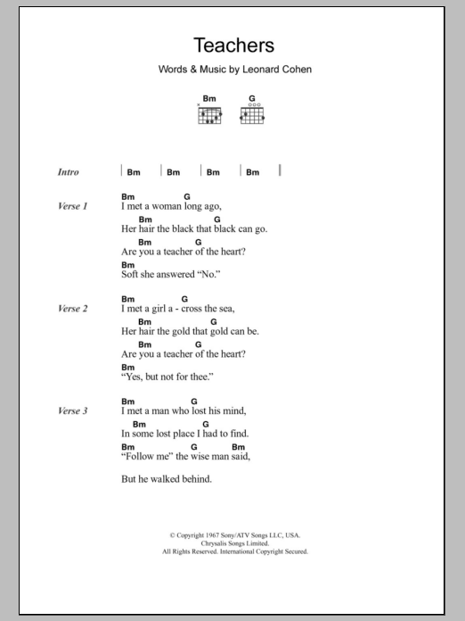 Download Leonard Cohen Teachers Sheet Music and learn how to play Lyrics & Chords PDF digital score in minutes