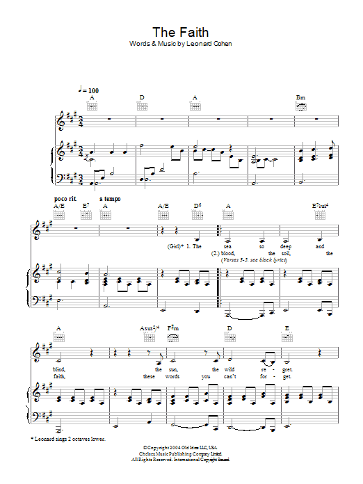 Download Leonard Cohen The Faith Sheet Music and learn how to play Piano, Vocal & Guitar PDF digital score in minutes