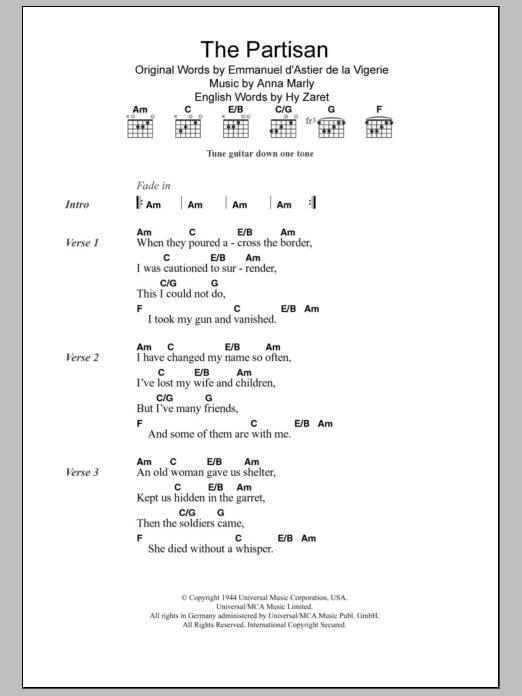 Download Leonard Cohen The Partisan Sheet Music and learn how to play Lyrics & Chords PDF digital score in minutes
