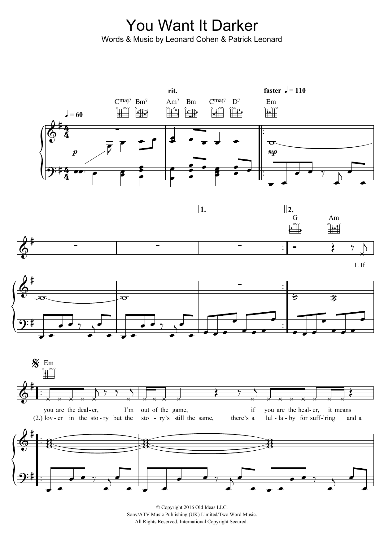 Download Leonard Cohen You Want It Darker Sheet Music and learn how to play Piano, Vocal & Guitar (Right-Hand Melody) PDF digital score in minutes